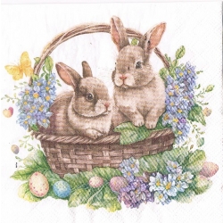 Serwetka -3412- MINI 25x25 cm , wzór 4 krotny , Zajączki w koszyku Wielkanoc